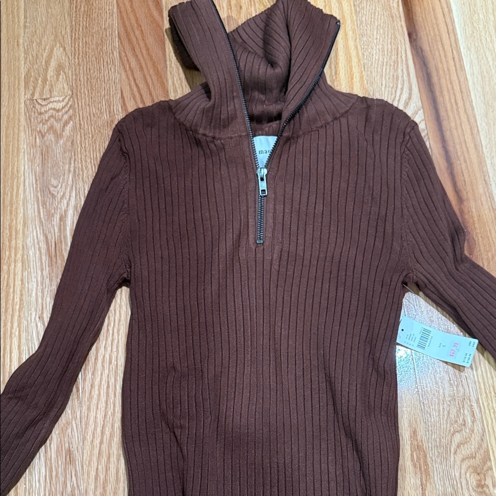 Maeve Rust Ribbed Sweater with Half-Zip